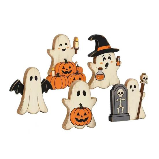 Halloween Ghost Wooden Table Decor Cute Sign, Pumpkin Tombstone Plaque Lightweight Party Supplies for Tiered Tray Decor, Spooky Festive Home Ornament