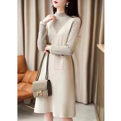 New Fall Fake Two-piece French Design Striped Knitted Dress for Women's Popular Waist-hugging Skirt