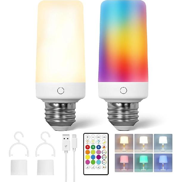2 Pack Rechargeable Emergency Light Bulb with Remote, Color Changing Battery Powered USB LED Bulbs 12 RGB Color Dimmable E26 120 Volt 9W for Power