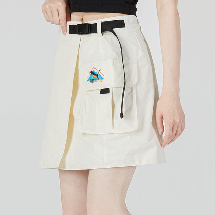 Puma Solid Color Letter Logo Print Big Pocket A-Line Comfortable Sports Casual Skirt Women Skirts Beige 537428-65