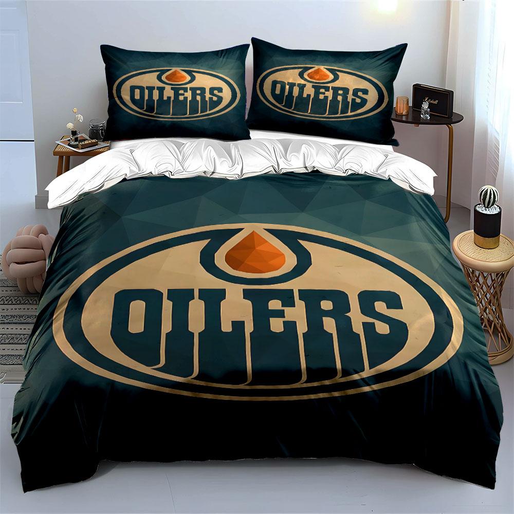 Oilers Logo On Geometric Blue Background Print Bedding Set Duvet Cover Pillowcases (1* Duvet Cover 2* Pillowcases Do Not Include Comforter)