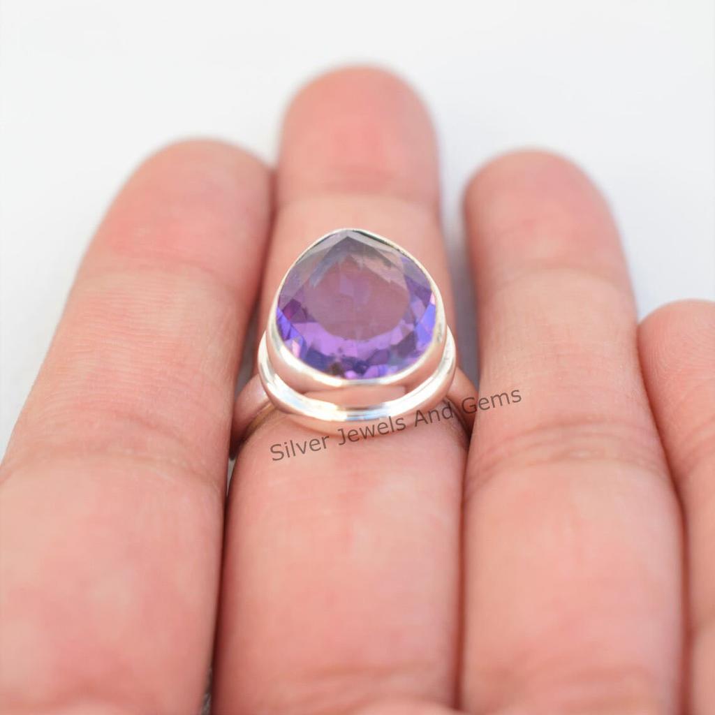 Teardrop Amethyst Ring: Natural 925 Sterling Silver, February Birthstone
