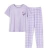 Short-sleeved long pants pajamas women's summer cartoon cute can be worn outside plaid loungewear imitation cotton suit summer thin
