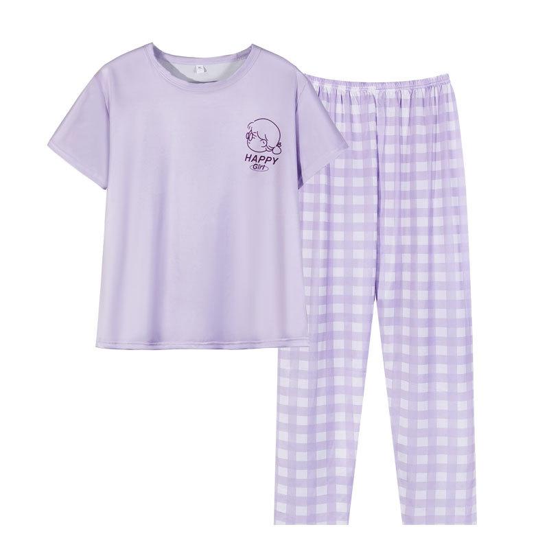 Short-sleeved long pants pajamas women's summer cartoon cute can be worn outside plaid loungewear imitation cotton suit summer thin