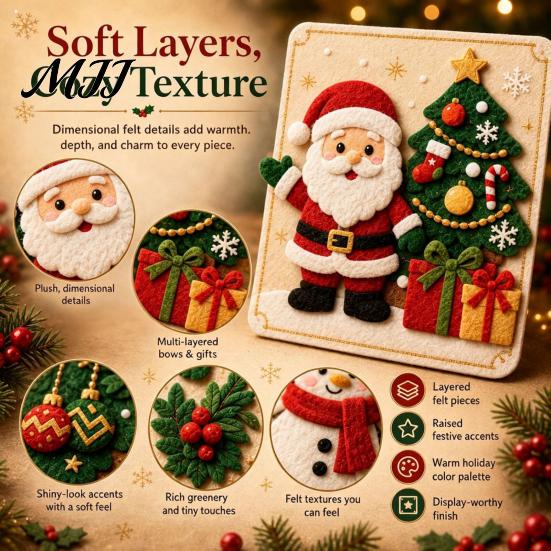 Indoor Outdoor DIY Decor Christmas Magic Felt Sticker Art Kit for Kids, 3D Layered Santa & Tree Custom Sculpting Set Craft Set, No Mess Peel