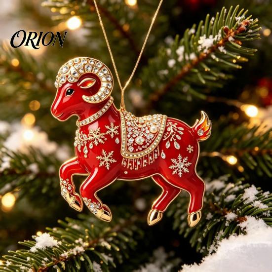 Festive Flame Red Pendant Acrylic Goat Christmas Tree Pendant, Decorative Hanging Ornament with Decoration Rhinestone, Golden Cord for New Year Party