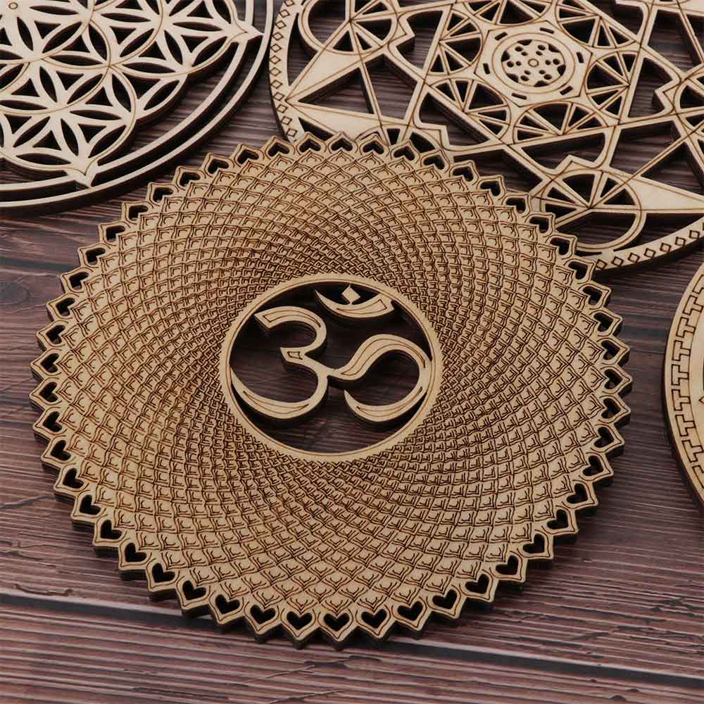 Symbole Naturel Bois Chakra Fleur de vie Tapis Énergétique Bord Arrondi Cercles Sculptés Sous-verre Pour Ensemble Pierre Cristal Décor Mural Cuisine