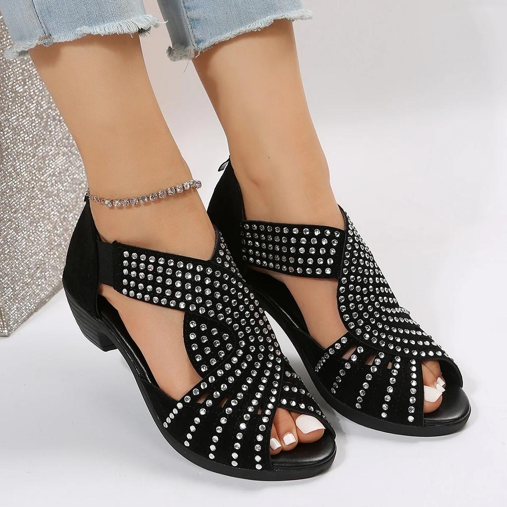 Fashion European and American fish mouth high-heeled sandals for women's summer new cross rhinestone back zipper Roman sandals