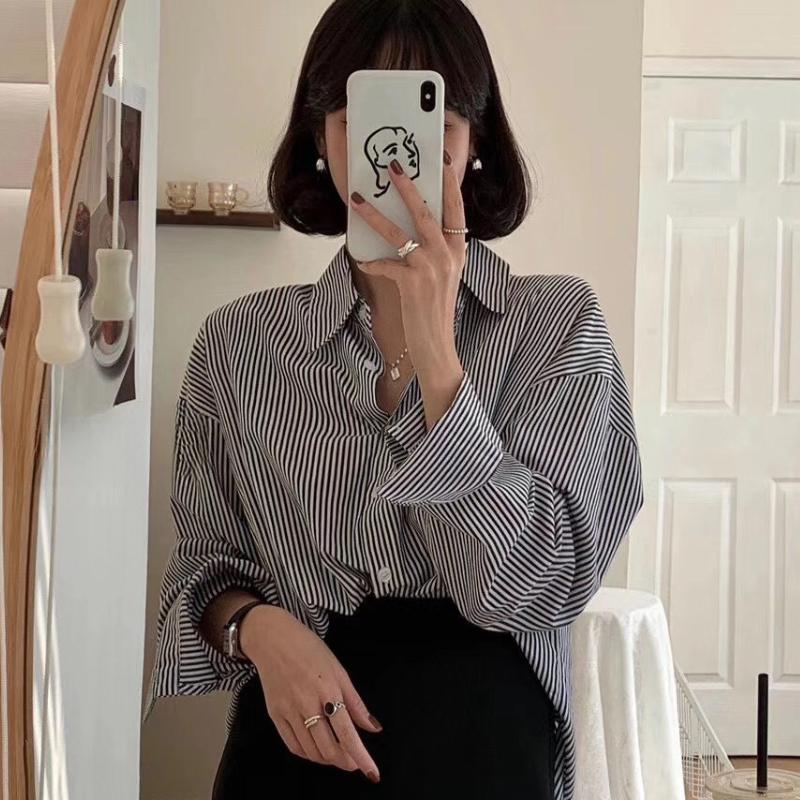 Fashion New Long Sleeve Blue Striped Shirts Women Summer Simple Elegant Loose Women's Blouses Office Lady Tops Button Up Shirt Female Clothing 26134