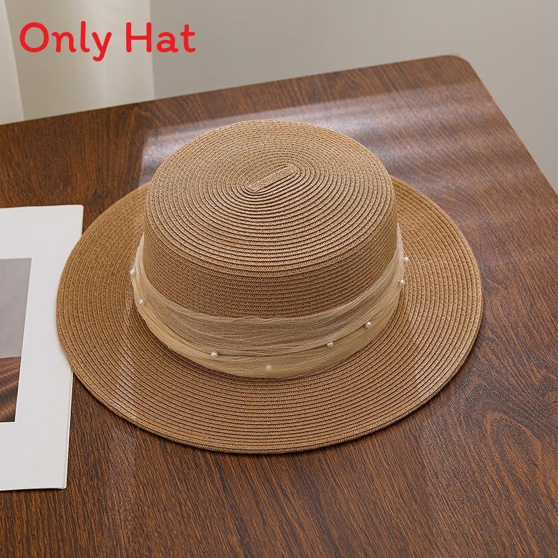 French Lace Pearl Straw Hat Summer Sunshade Wide Brim Breathable For Beach Vacation