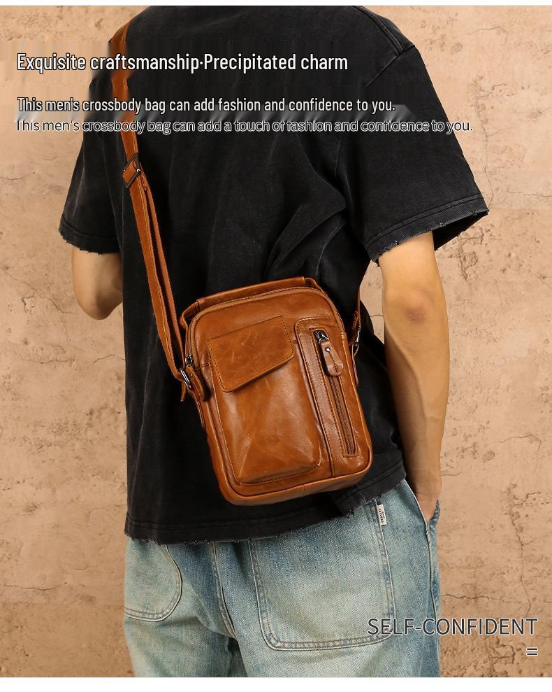 Men's Genuine Leather Crossbody Shoulder Bag - Top Layer Cowhide, Classic Style, High-End Casual Commuter Bag