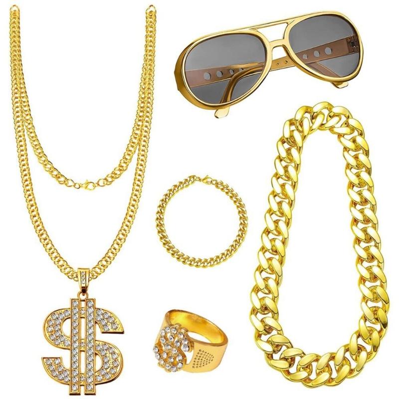 Hip Hop Costume Kit Dollar Sign Pendant Necklace Adjustable Hat Hip Hop Dollar Rings Sunglasses Bracelets Set Gifts