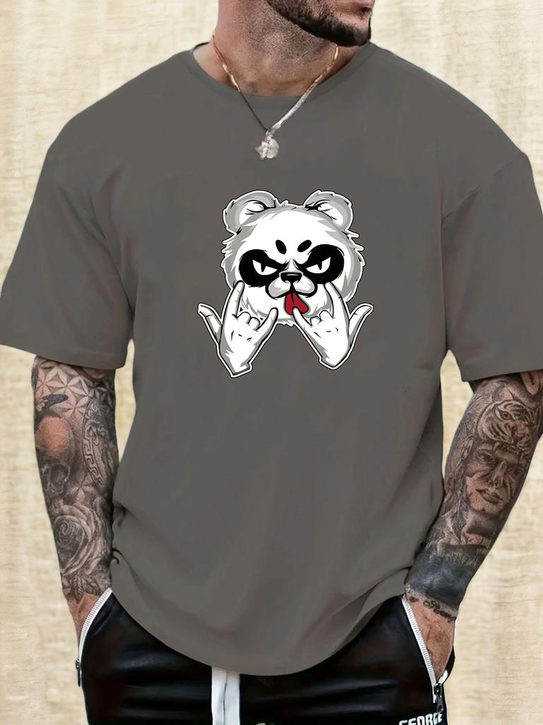 Mens Casual Tshirt Rock Panda Print Short Sleeve Round Neck Breathable Soft Oversized Edgy Trendy Daily Wear Tee