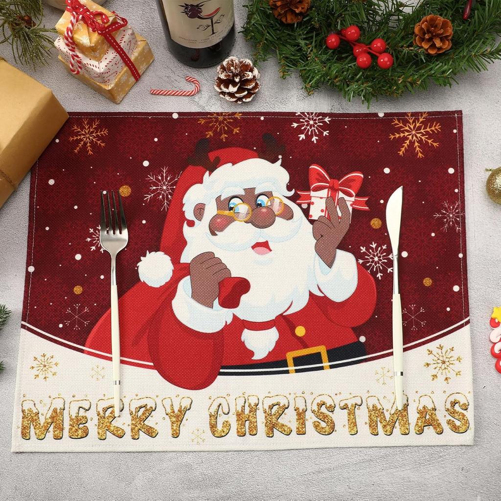 DECYOOL n n Christmas Placemats Set of 4, 12.5x17 Inch Black Santa Christmas Table Mats Merry Christmas Place Mats for Kitchen Xmas Party Winter Home
