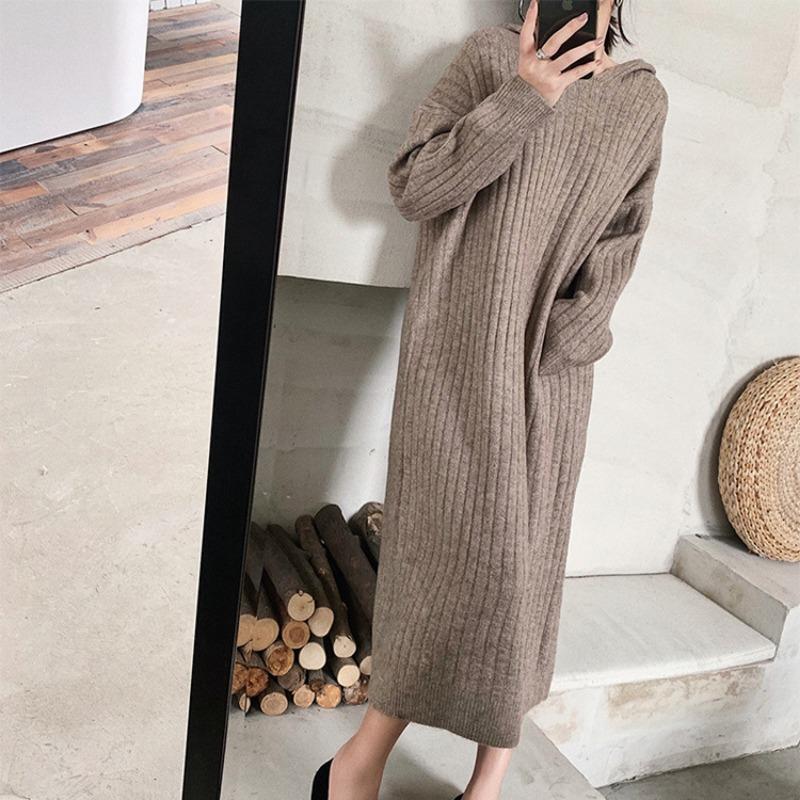 Hooded solid color pit strip straight V-neck sweater skirt autumn and winter casual style knitted dress women