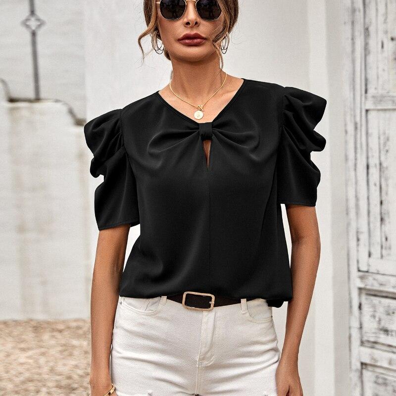 

Summer Women Clothing 2026 Fashion Elegant Office Lady Chiffon Blouse Solid Color Puff Sleeve V-neck Slim Tops Blusas 24766 M чорний