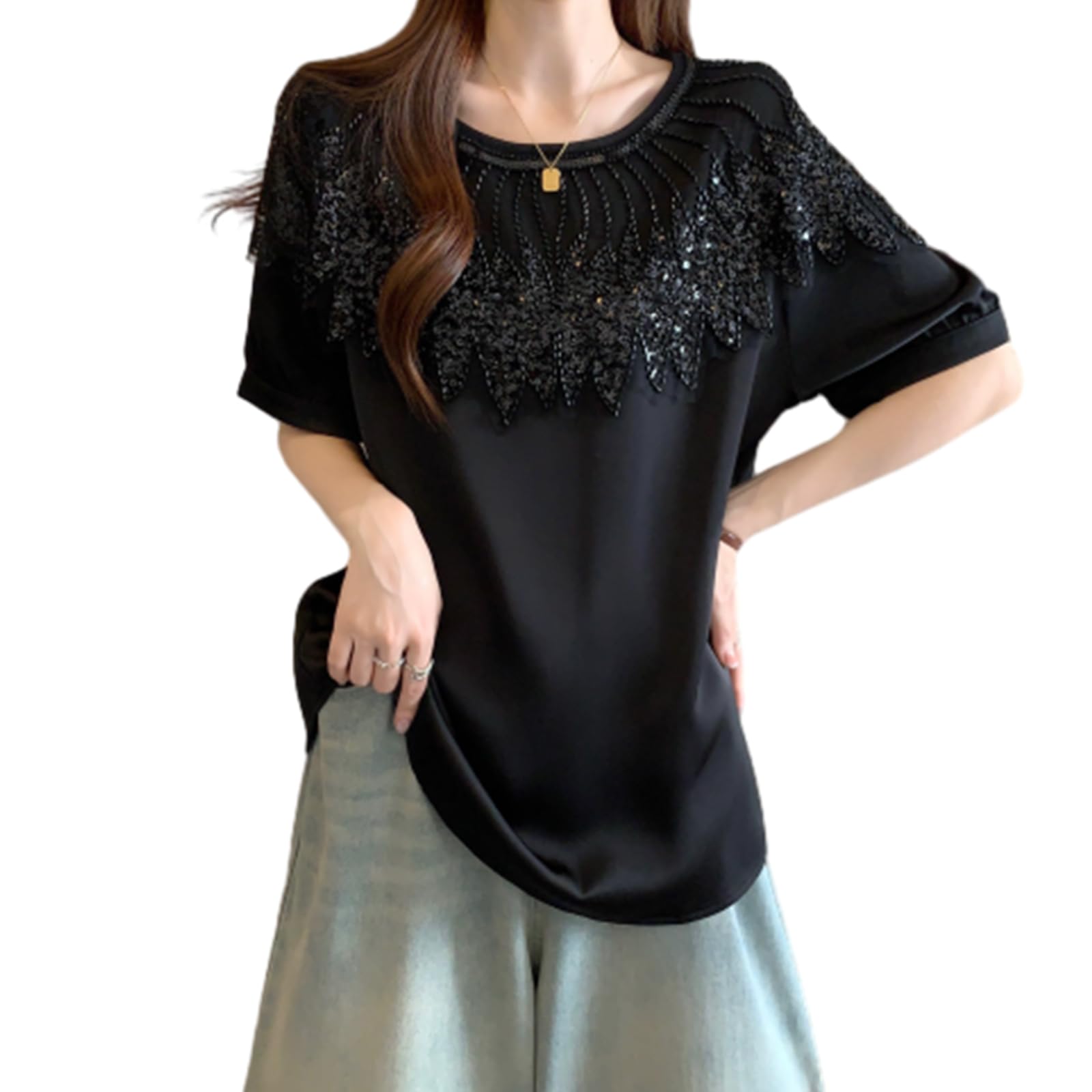 

JoccKorr Короткий Круглый Кружевной Однотонный Большие Размеры Свободный Идеально для Лета Женская Футболка, Блузка, Рукав, Воротник, Деталь, Цвет, Модный, Милый, чёрный