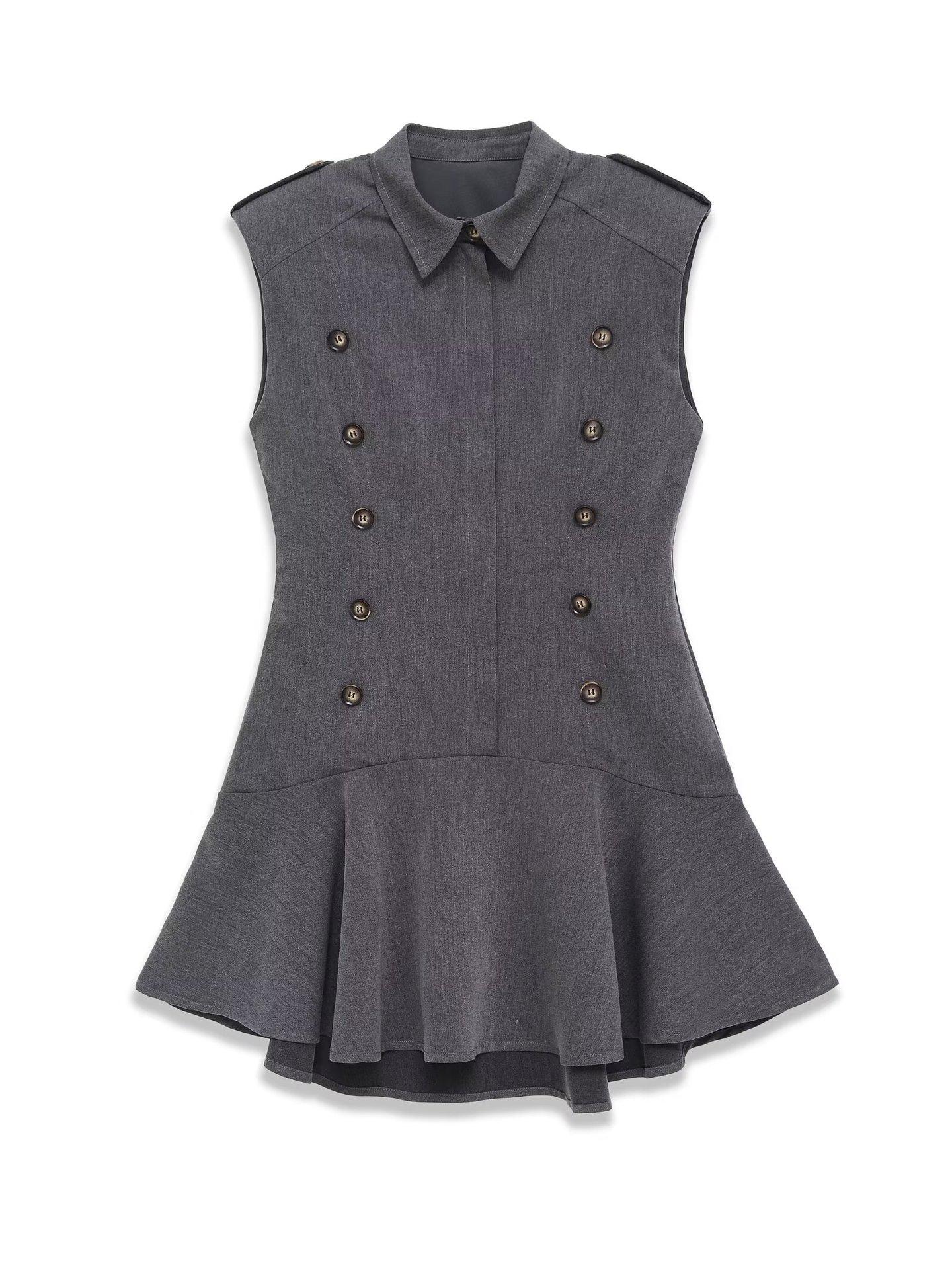 European Style Summer 2025 Layered Padded Shoulder Dress Small серый