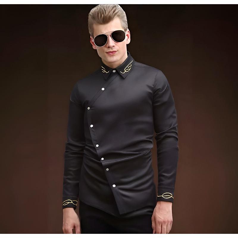Heren Navy Blauw Diagonaal Knoop Dress Shirt, Gouden Borduurwerk Slim Fit Lange Mouw Shirt