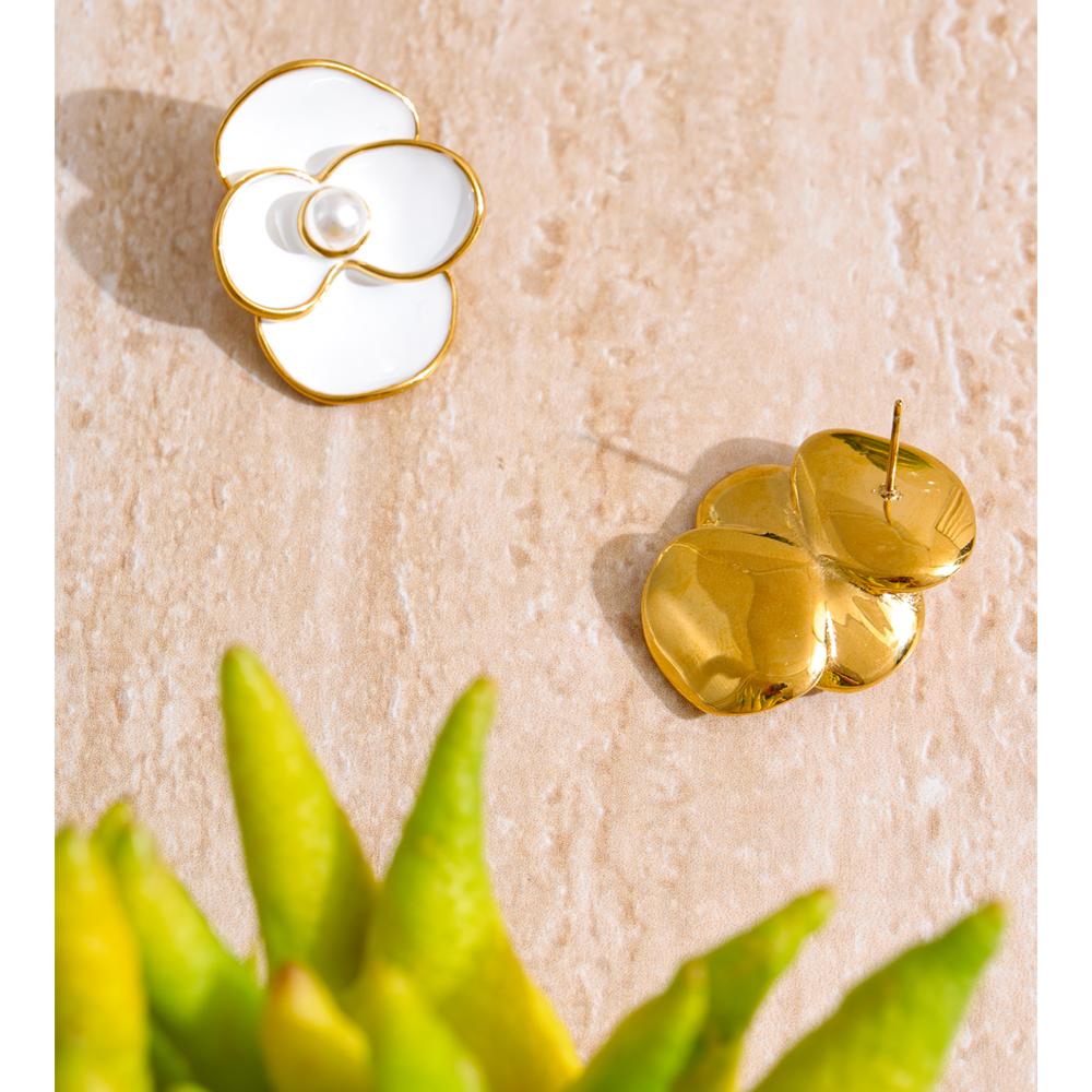 Eetit White Enamel Pearls Flower Stud Earrings for Women Golden Stainless Steel Daily Fashion Jewelry Recommend Gift