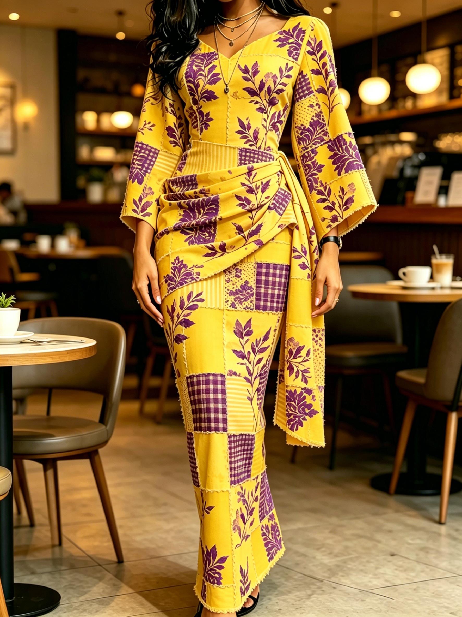 Women s Yellow Purple Patchwork Floral Print V Neck Wrap Maxi Dress Ruched Waist Kimono Sleeve Stylish Dress XS