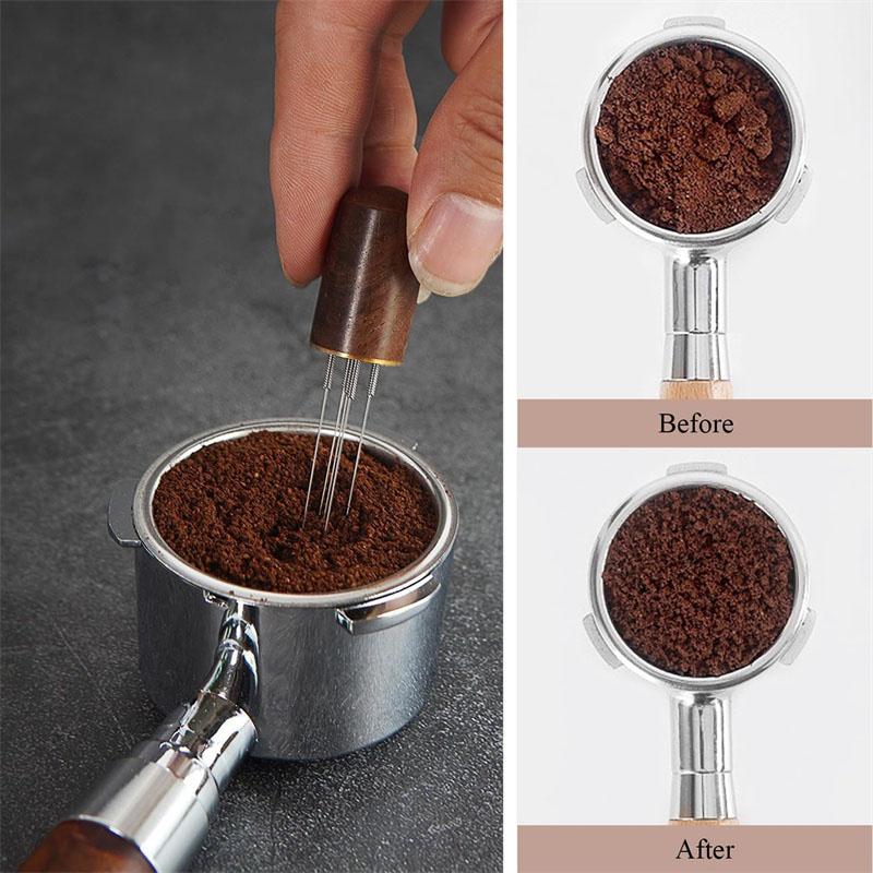 Stainless Steel 6-pin Espresso Distribution Tool Coffee Distributor Espresso Stirrer with Walnut Handle Replaceable Needles