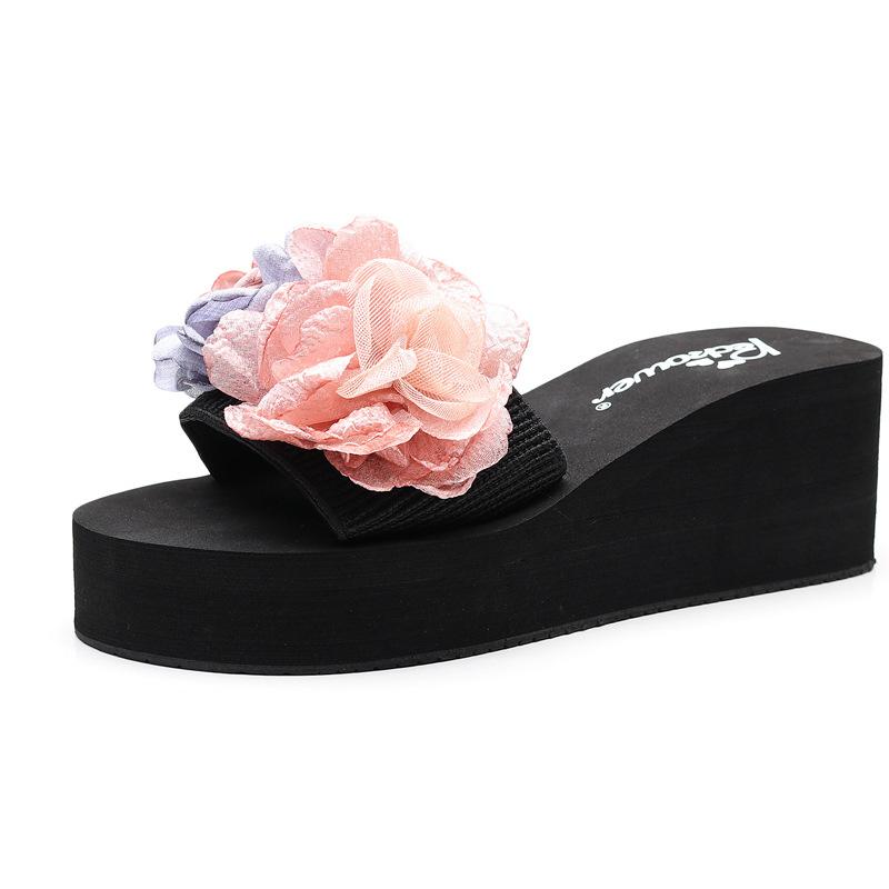 Fashion Flowers Slippers Women Platform Shoes Summer Wedges Fresh 2025 Korean New Beach Flip Flops Anti-skid Sweet Girls Slides Casual