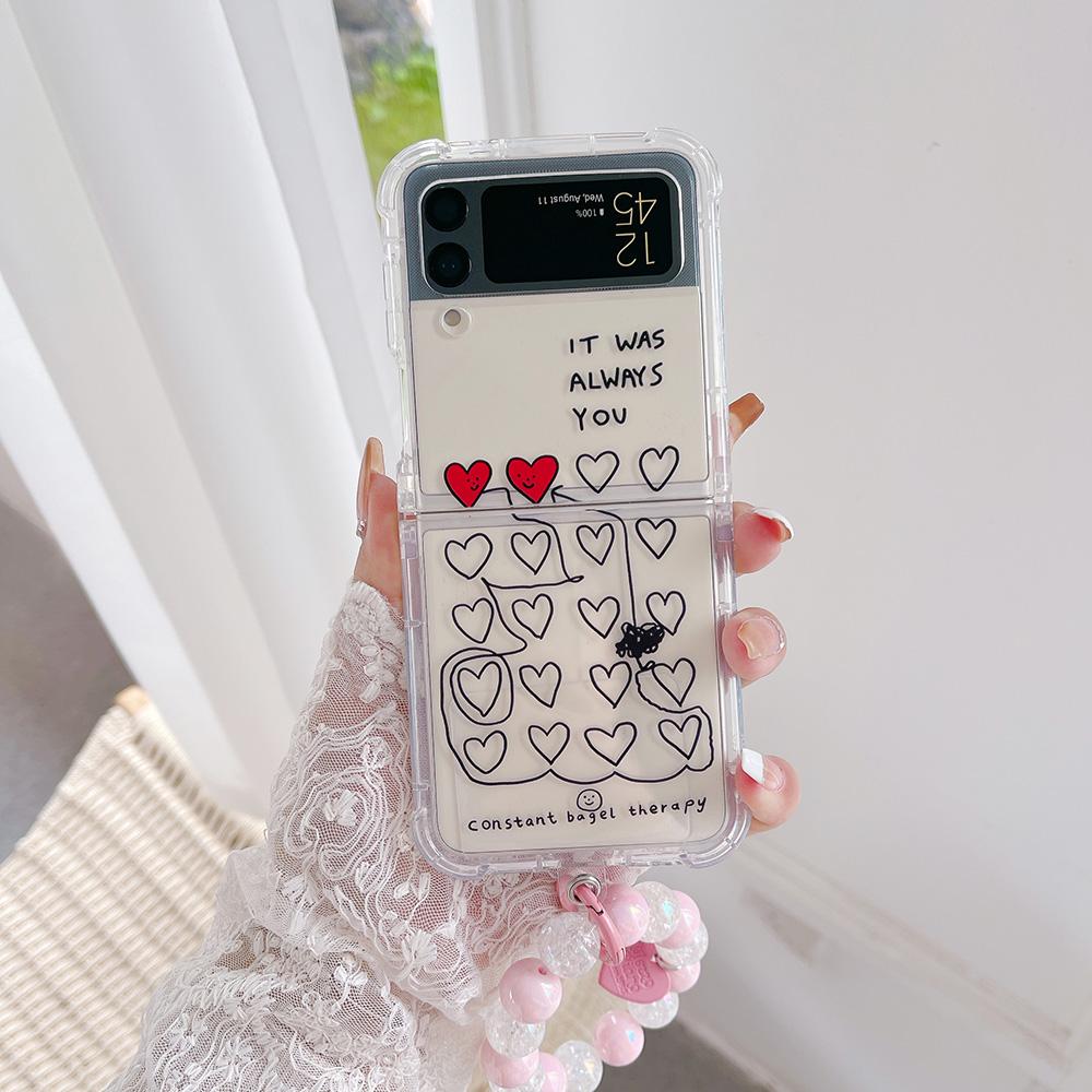 For Samsung Galaxy Z Flip 4 3 Case Love Heart Pattern Painted Transparent Silicone Bracelet Folding Shockproof Cover Accessories