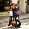 Women’s High Waist Drawstring Wide Leg Pants with Pockets Halloween Print Loose Fit Ruffle Hem Long Casual Trousers