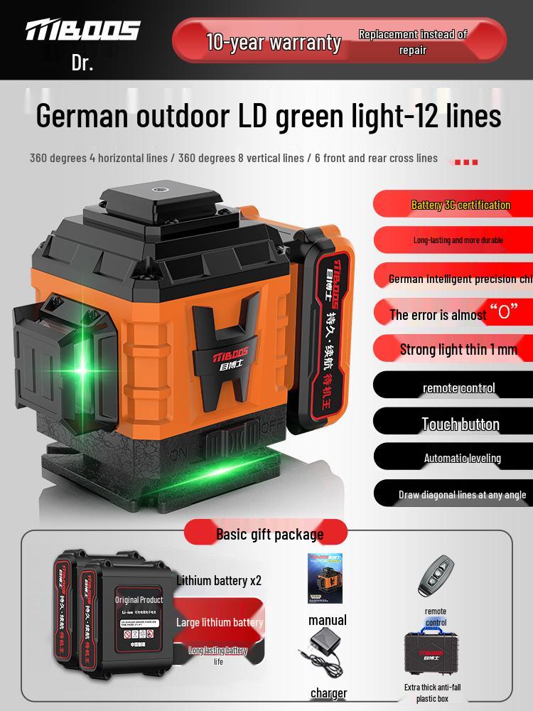 Nível Laser Infravermelho Automático de Alta Precisão de 12 Linhas para Uso Interno/Externo