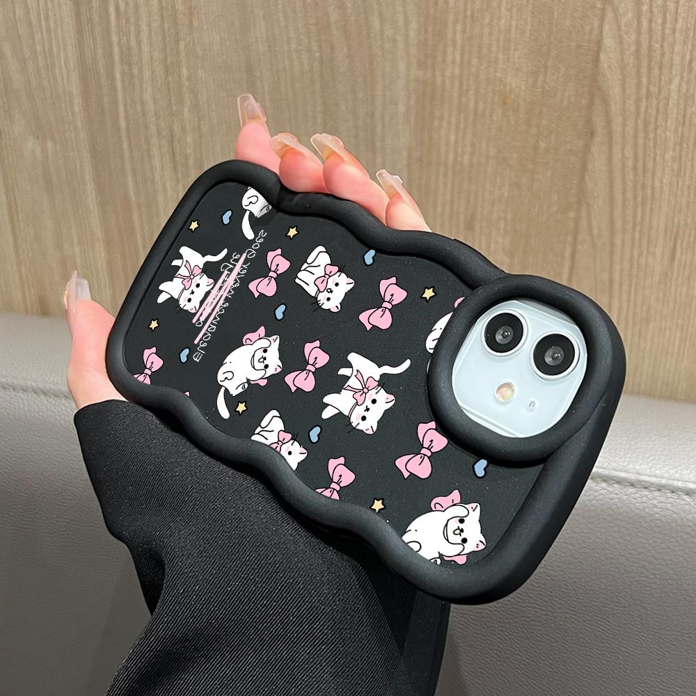 For iPhone Redmi 13 13C 14C Note 13 12 Pro Samsung A05 A06 A13 A14 A15 A16 Honor X6 X6a X8 X8a Soft Wave Edge Bowknot Kitty Pattern Phone Case