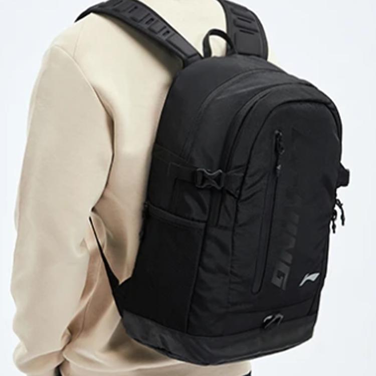 Li Ning Training Series Reflective Design Letter Print Logo Polyester Backpack Unisex Backpack Black ABSR096-1