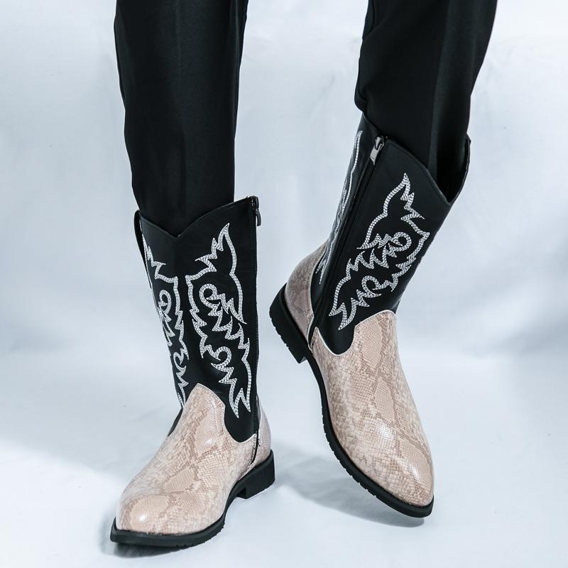 Men’s Pointed Toe Embroidered Western Cowboy Boots Casual Retro Dress Leather Men’s  Mid-calf Boots Plus Size