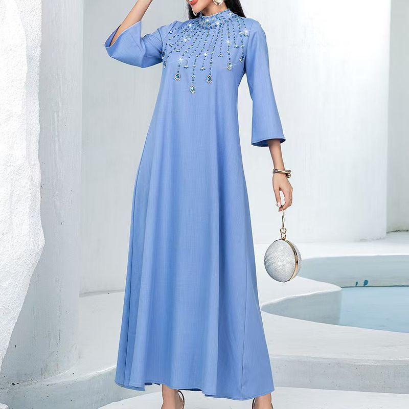 

New Arrival Middle East Half Turtleneck Hand-Stitched Diamond Dress Party Long Dress Hand Sewn Diamond Dress Blue 2XL