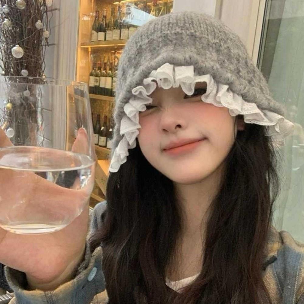Lace Trim Women Bucket Hat Yarn Beanie Hat Sweet Knitted Fisherman Hat  Outdoor