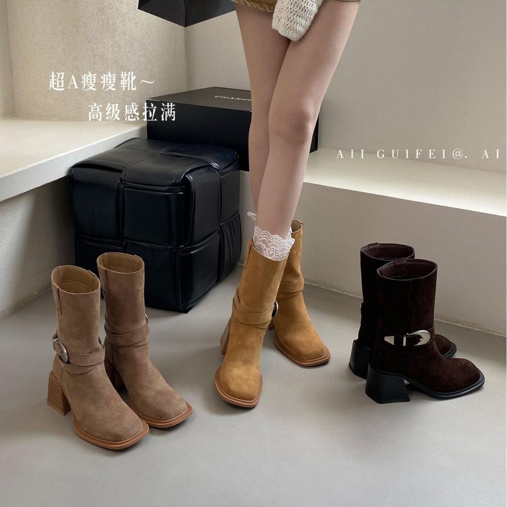 2025 new autumn and winter pleated stacking boots round head belt buckle suede thick heel low sleeve Martin boots