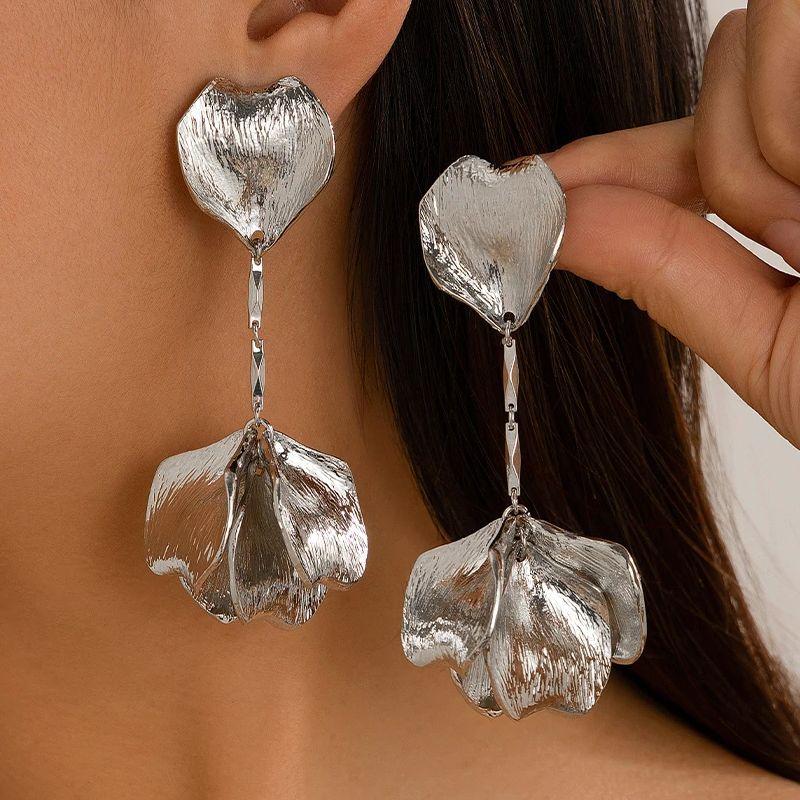 PuRui Gold Color Flower Long Drop Earrings For Women Elegant Zircon Girls Korean Style Dangle Earrings New In Party Accessories