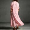 Summer Cotton Linen Dress for Women, Casual Loose Short Sleeve Long Dress, Button Up Lapel V Neck Flowy Maxi Dress