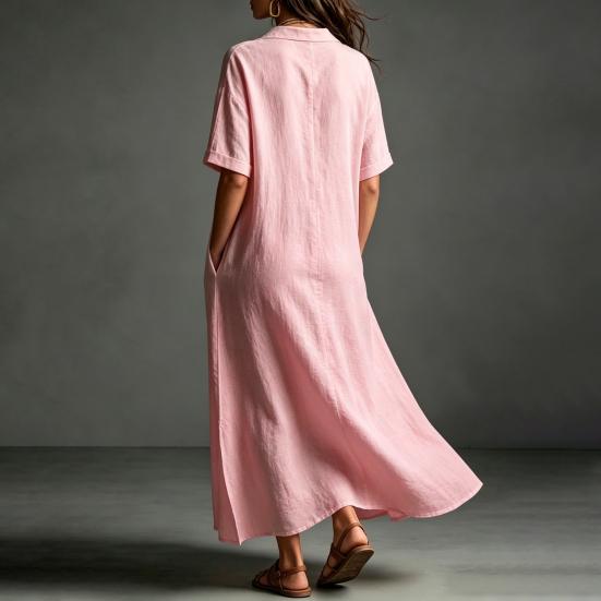 Summer Cotton Linen Dress for Women, Casual Loose Short Sleeve Long Dress, Button Up Lapel V Neck Flowy Maxi Dress