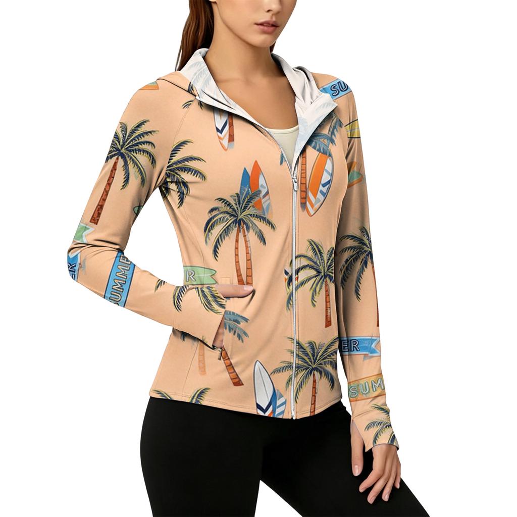 Women's Lightweight Zip-Up Hoodie with Hood and Pockets Hawaiian Print Long Sleeve Sun Protection Jacket for Outdoor Activities