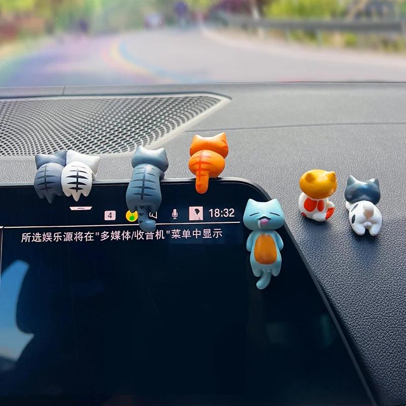 6PCS Car Display Screen Decorations Back Cat Cartoon Car Decoration Centre Console Screen Ornaments Car Decorative Items