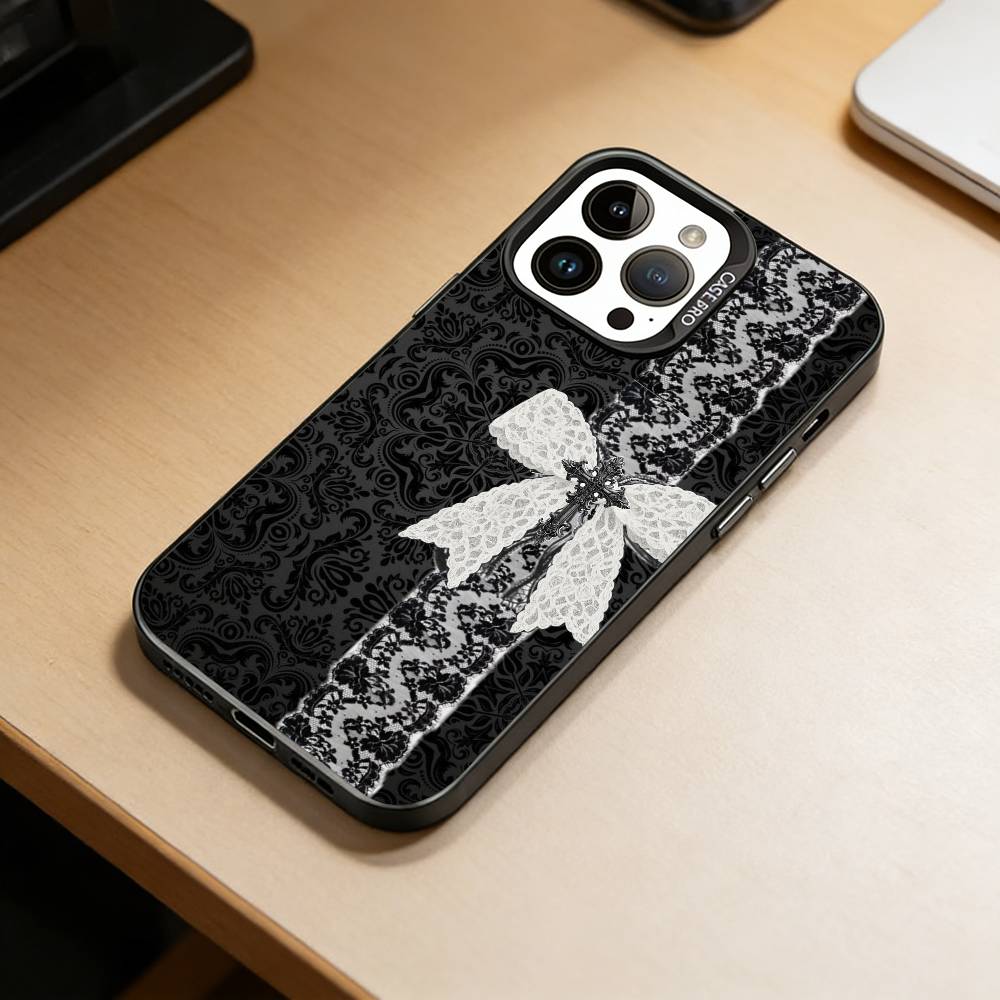 Elegant black lace print design Phone Case For iPhone 17,16,15,14,13,12,11 Plus,Pro Max,XS,Colorful Silver Black Cover