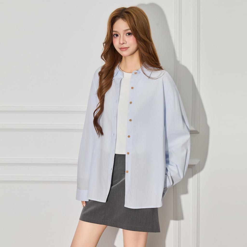 Women's Light Blue Korean Style Polo Collar Shirt Jacket - Spring Design, Loose Fit, Casual Long Sleeve Top