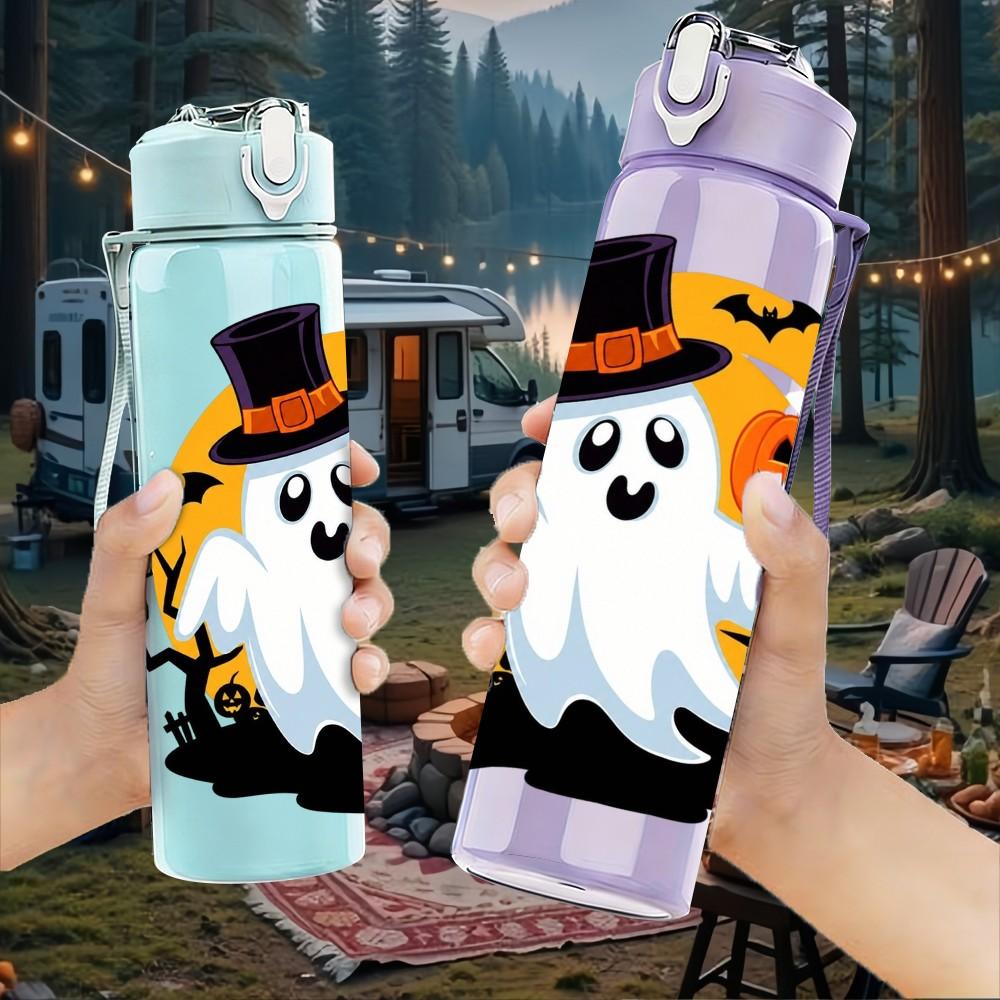 1PC Spooky Ghost Halloween Theme 750ml Color Plastic Sports Water Bottle Leakproof Flip Straw Lid Suitable for Sports Office Home Use