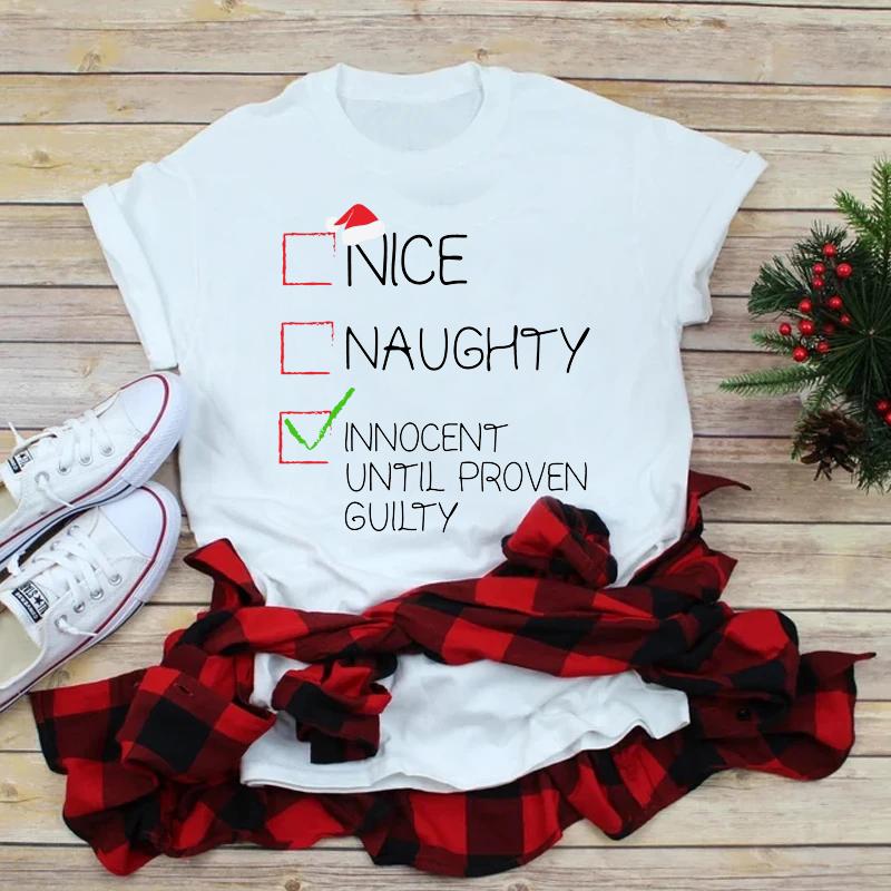 Unisex Nice Naughty Christmas Cartoon Letter Print T-shirt Casual Short Sleeve Crew Neck Summer Top Women's Clothing