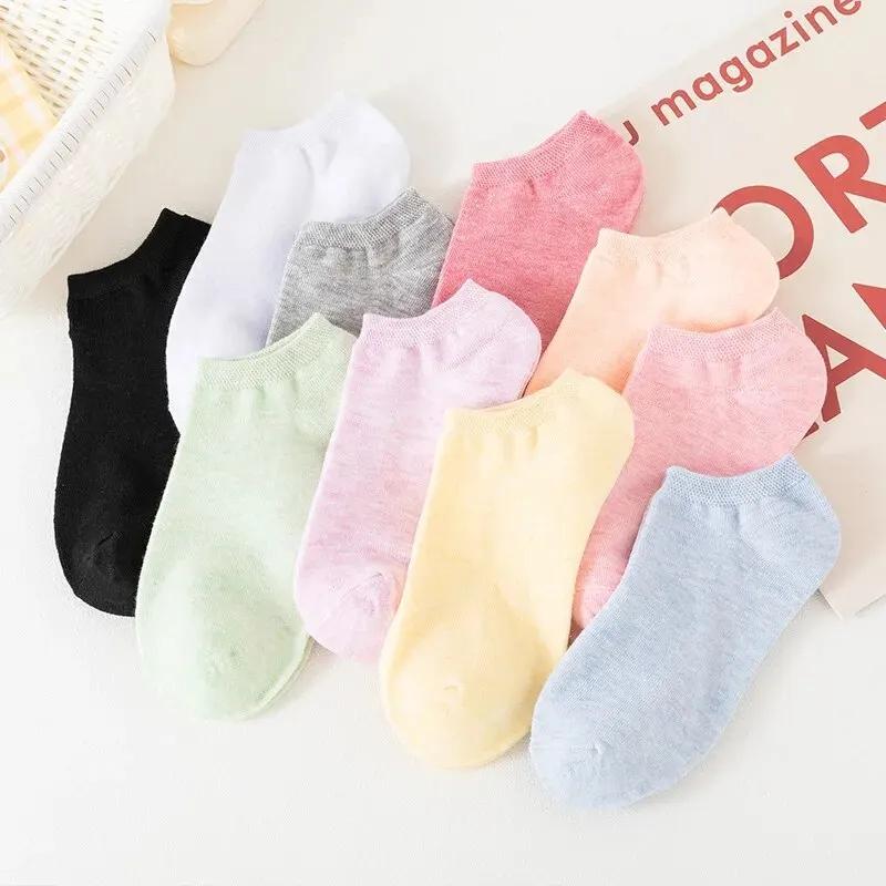 10 Pairs of Colored Cotton WOMEN'S Short Socks, Ankle Breathable Mesh Sports Socks, Casual Sports, Summer Thin Socks, Solid Colo