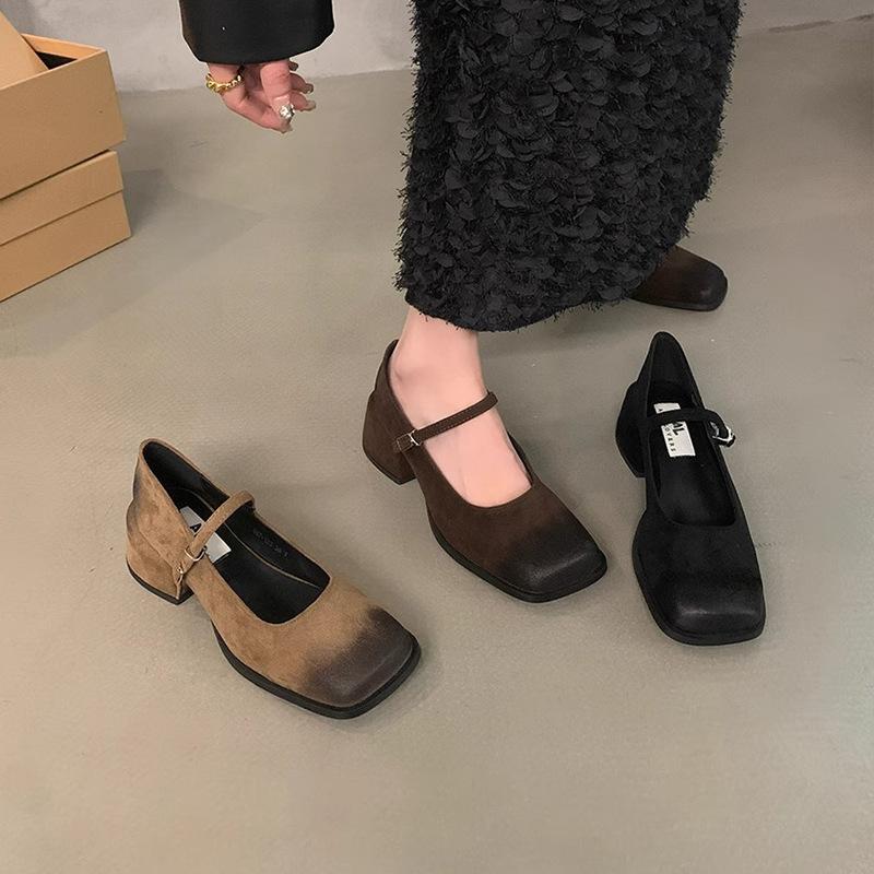 Medium and high-end French versatile heel buckle spring thick heel 2025 retro Mary Jane shoes single shoes women's polishing new models