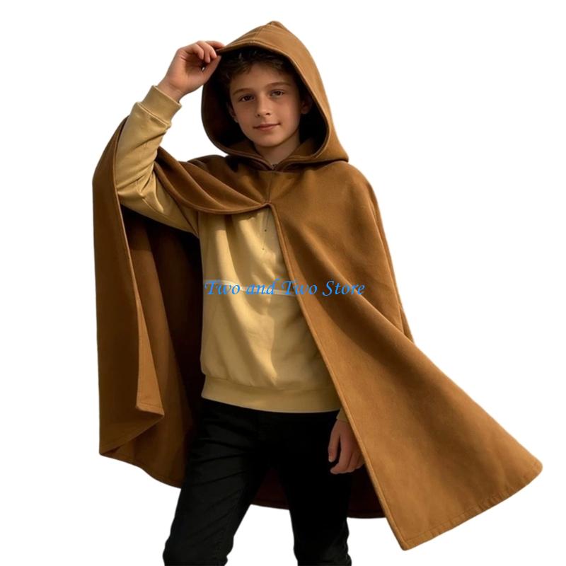 HX6F Children Theatrical Medieval Hooded Cloak Halloween Cosplay Costume For Fantasy Theme Dress Up S хаки