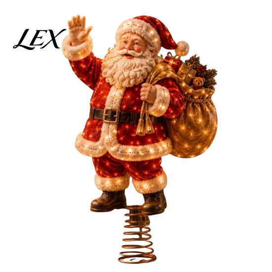 Gold Silver Red Tree Topper Lighted Christmas Topper, Illuminated Santa Claus Gingerbread Nutcracker Treetop Decorative Geometric Crown Ornament with