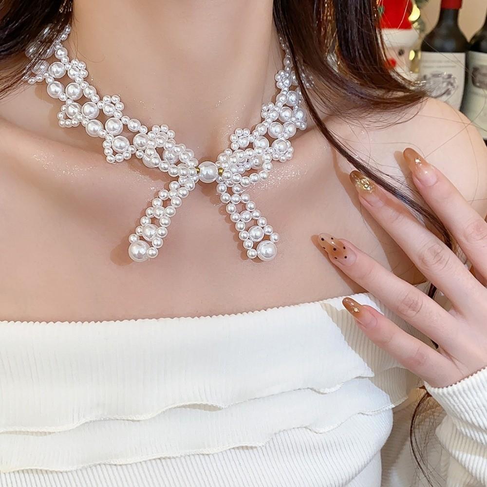 Bead Bow Necklace Imitation Pearl Collarbone Chain Sweet Clavicle Chain Women  Ladies